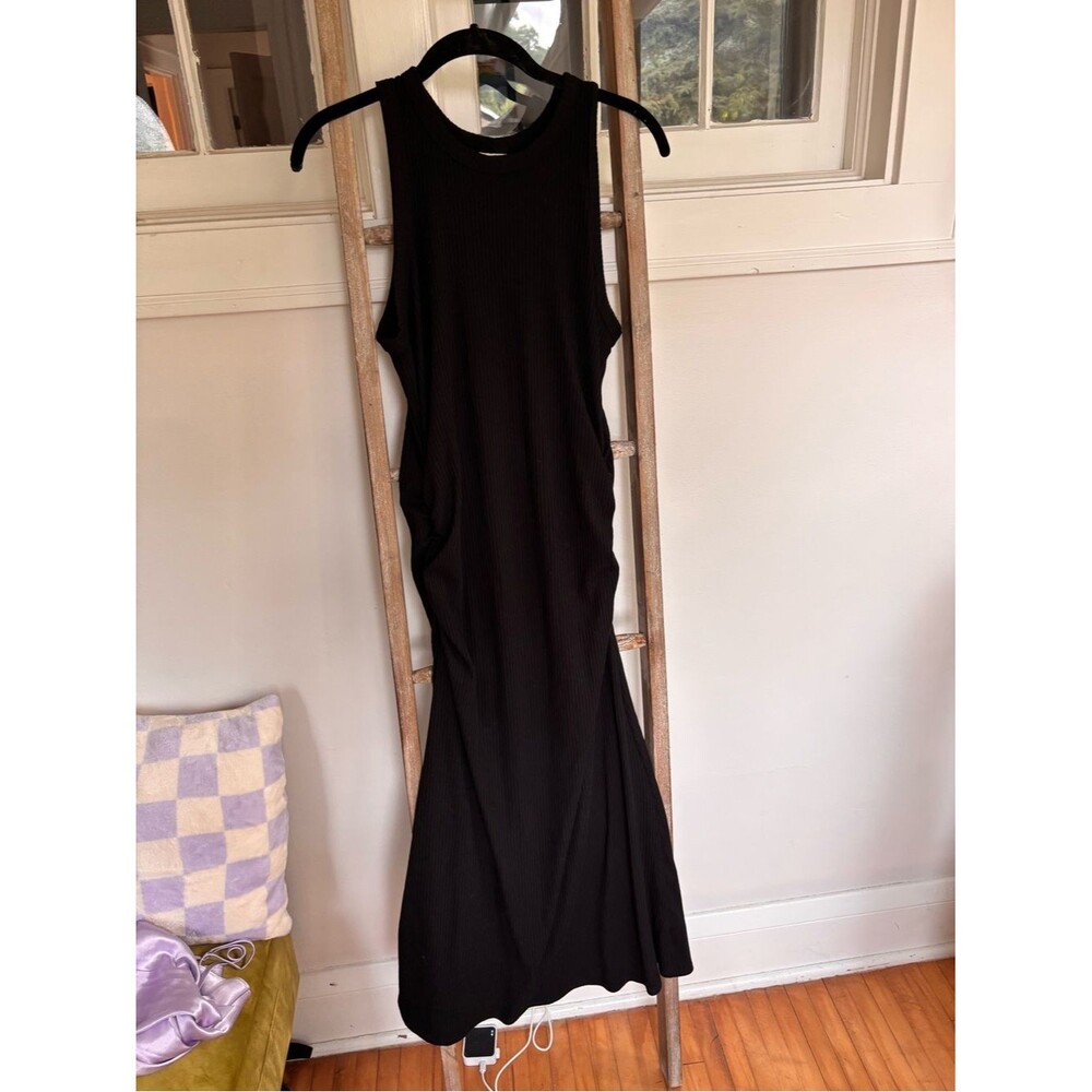 Black Ribbed Scrunched Midi Dress